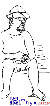 Набросок сидящего бородатого мужчины, в кепке и чёрных очках. Автор рисунка: художник iThyx