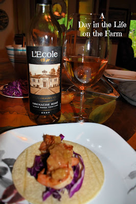 L'Ecole Granache Rose and Asian Shrimp Tacos with Gingered Rhubarb Sauce