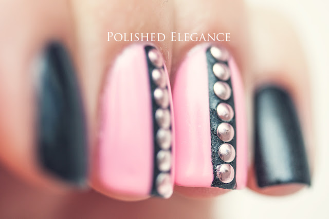 pink and black studs nail art manicure A-England - Bridal Veil OPI - Chic From Ears To Tail nail polish nail art