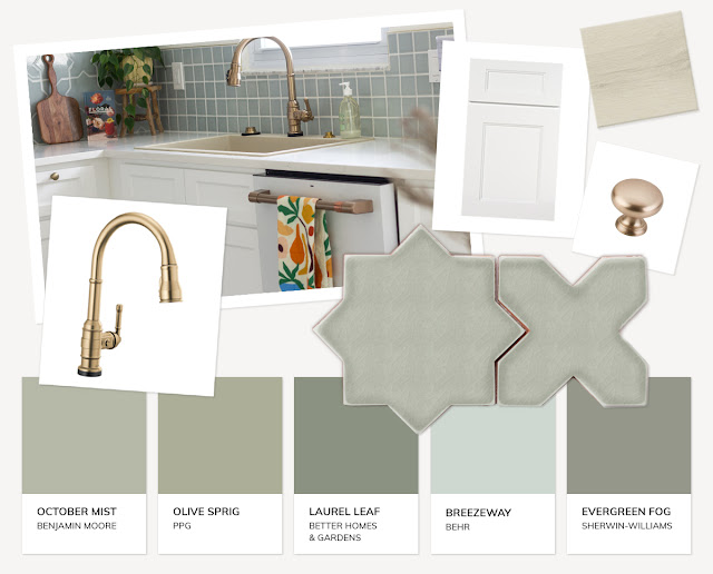 Mood board of sage colored things with champagne bronze metallics and accent colors.