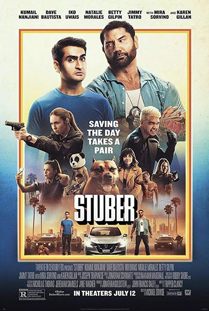 Movie poster for Walt Disney Studios Motion Pictures and 20th Century Fox's 2019 comedy film "Stuber," starring Dave Bautista, Kumail Nanjiani, Natalie Morales, Iko Uwais, Karen Gillan, Jimmy Tatro, and Betty Gilpin