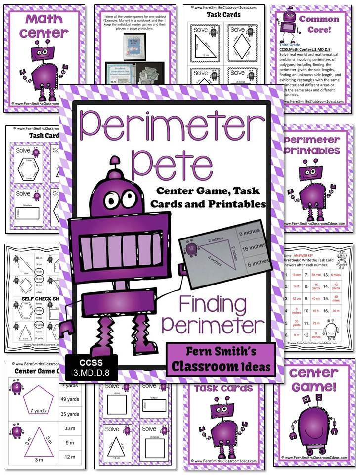 Fern Smith's Classroom Ideas Perimeter Pete Mega Math Pack - Finding Perimeter Printables, Task Cards and Center Game For 3.MD.D.8 at TPT.