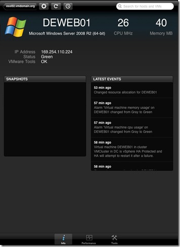 iPad vSphere Client VM Status