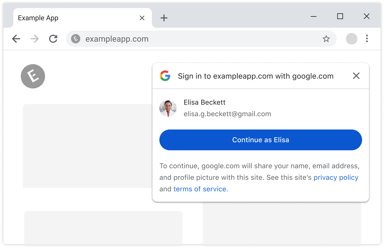 Image of Google identity Services One Tap user experience using FedCM API