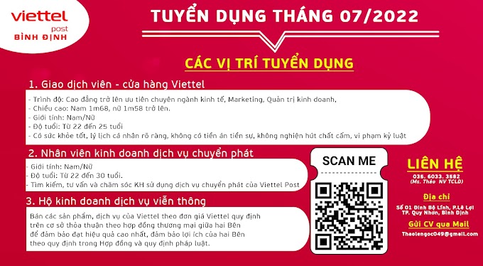 Viettel Post Bình Định tuyển dụng tháng 07/2022