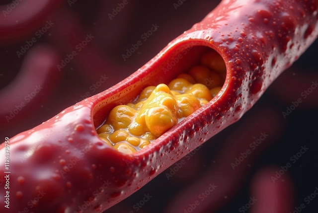 Illustration showing a clogged artery with plaque buildup