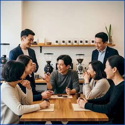 소규모 가게에서 열린 커뮤니티 이벤트에 참여한 고객들.