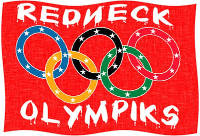 An olympic flag modified to reflect a confederate flag, complete with misspellings