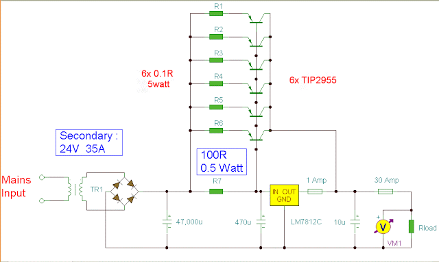 Simple 12V 30A Regulated  skill Supply Circuit Diagram  