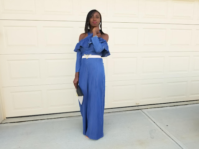 Denim Off Shoulder Ruffle Jumpsuit