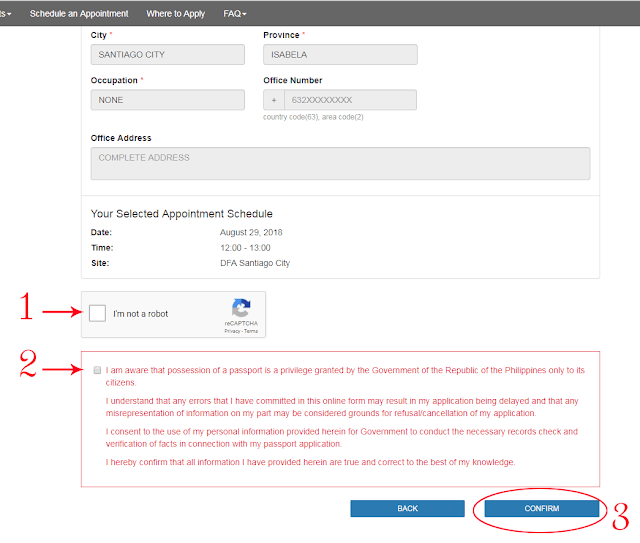 Confirm the Application for DFA appointment Schedule