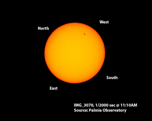 Used drift method to establish cardinal points for sunspot image taken with an Alt_Az non-tracking mount (Source: Palmia Observatory)