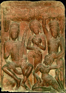 The rakshasa Surpanakha, her advances rejected by both Rama and Lakshmana, attacked Sita in a jealous rage. Lakshmana cut off her nose and ears and she called on Ravana to avenge her. Gupta Style relief, fifth century.