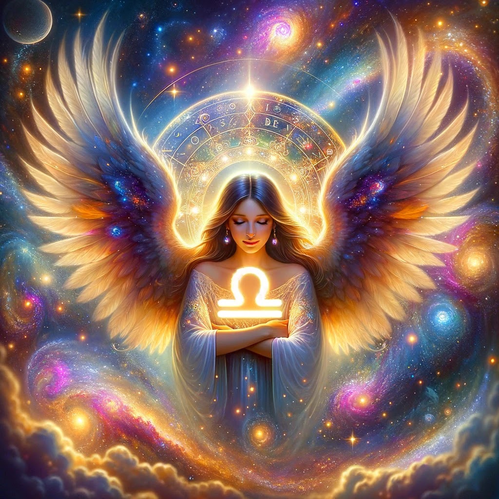 A guardian angel with a radiant aura, embracing Libra with celestial reassurance and universal support.