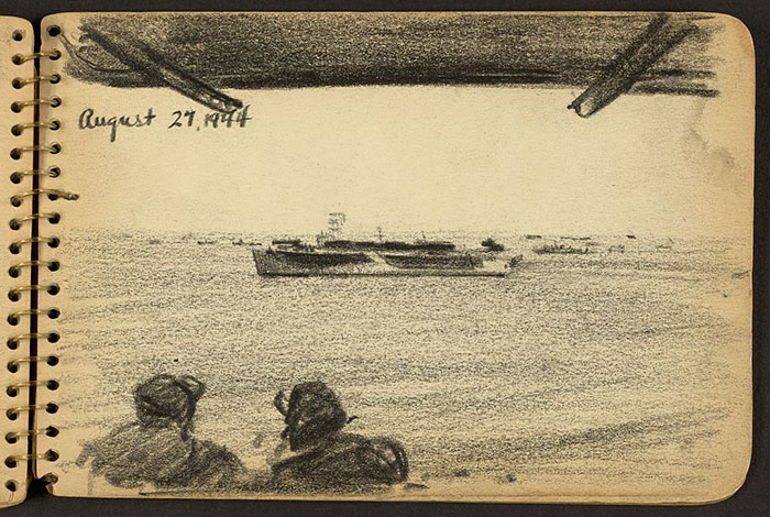 21-Year-Old WWII Soldier’s Sketchbooks Show War Through The Eyes Of An Architect - Soldiers Looking At Ship In The Distance