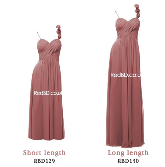 Chiffon Spaghetti Strap with Floral Detail Ruched Bodice Bridemsaid Dresses