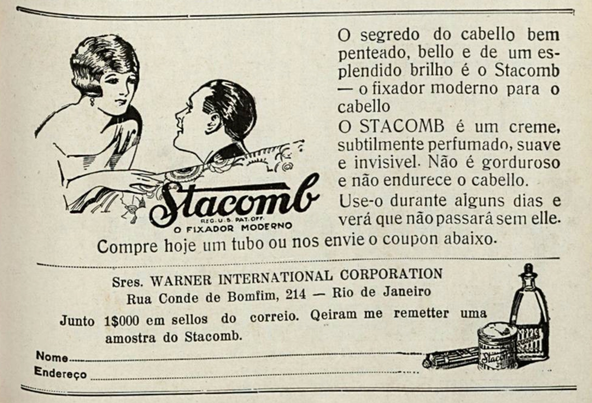 Anúncio veiculado em 1927 apresentando o fixador de cabelos da marca Stacomb