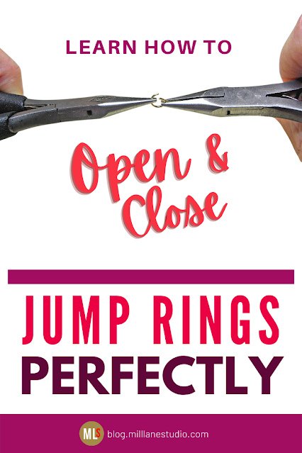 A jump ring being opened with chain nose pliers. Text overlay reads Learn How to Open & Close Jump Rings Perfectly