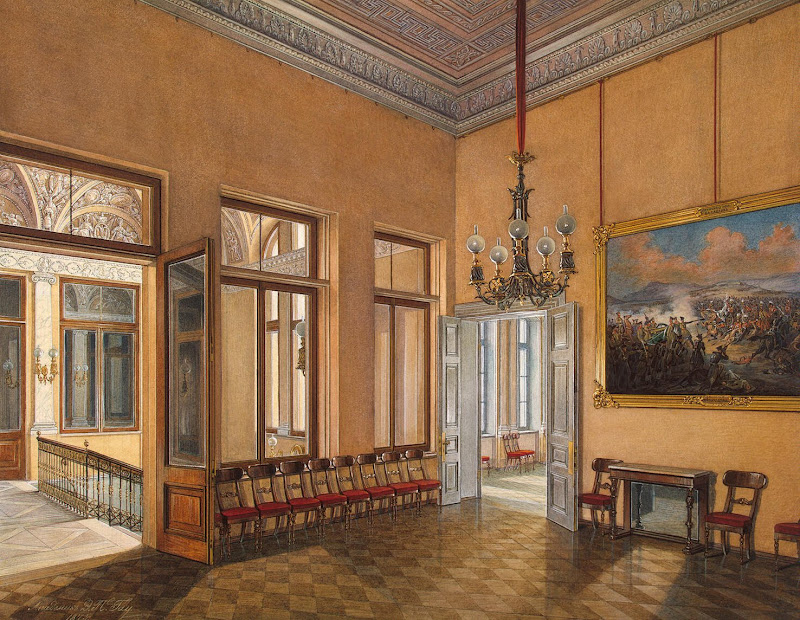 Interiors of the Winter Palace. The Room and the Landing of Private Rooms of Empress Maria Alexandrovna by Edward Petrovich Hau - Interiors, Architecture Drawings from Hermitage Museum