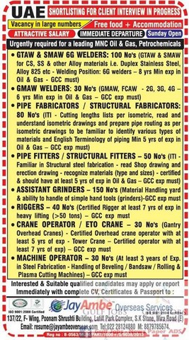 Large job vacancies & attractive salary for UAE