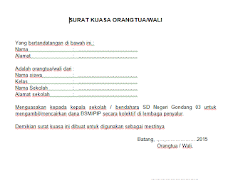 Contoh Surat Kuasa Orang Tua/Wali Murid Untuk Pencairan Dana BSM/PIP