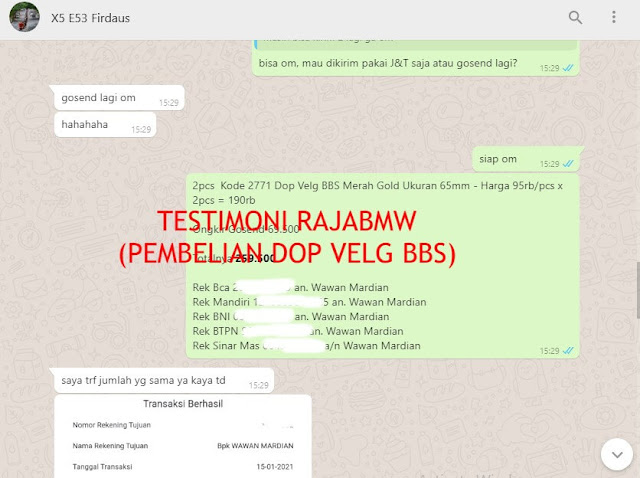 Bukti Transaksi Pembelian Dop Velg BBS di Rajabmw