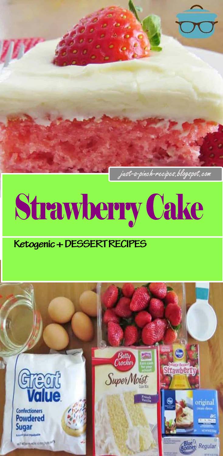 This Easy Fresh Strawberry Cake starts with a boxed cake mix, strawberry jell-o, fresh strawberries and is topped with cream cheese frosting! #strawberrycake #keto #dessert #lowcarb