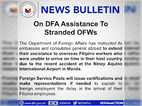 Thousands of overseas Filipino workers (OFW) and other passengers had been stranded at the Ninoy Aquino International Airport (NAIA) due to the excursion of a Xiamen Air which slipped off and got stuck at the runway and last week. Luckily, all passengers and crews were safely evacuated. However, the incident affects all the passengers at the NAIA because the said incident forced all other airlines to cancel their flights. The result, thousands of travelers were stranded for days without food and a decent place to stay.        Advertisement  The plane was already out of the runway but the passengers including thousands of OFWs who were about to return to their workplace were still staying there like evacuees lingering all over the airport without any clear assurance that their flights may be rebooked or refunded. They were not given any food or hotel accommodations by their airlines.      Under the passenger Bill Of Rights, in case of flight cancellation, the airline must provide the passengers with sufficient refreshments and meals, hotel accommodations, free call/text and internet service, transportation from the airport to the hotel, and first aid if necessary. The airline company also has to rebook the flight or endorse the passenger to another airline company at no extra cost. If the passenger decides not to fly anymore, the airline company should reimburse the airfare including taxes and surcharges.    Ads  As of this writing, none of these benefits was given to any stranded passengers. The OFWs already missed the designated date when they supposed to be reporting for work. Some of them has chosen to go home instead of staying at the crowded NAIA.     The two pilots of Xiamen Air appeared at the CAAP investigation and explained that the plane did not land successfully on their first approach on the runway due to poor vision in midst of severe rainfall. On their second approach, they made it to the left side of the landing area but it slipped off the concrete runway. The plane has lost its landing front landing gear and one of its engines. MIAA said that the two pilots, which the names were not revealed, were both experts. They drug test also turned out negative while the results of their alcohol test s yet to be released.   Xiamen Air also issued apologies to the affected passenger and promised to extend any possible assistance they could give.    Ads     The Department of Foreign Affairs (DFA) has already instructed the embassies and consulates to extend their assistance to OFWs who had been caught by the incident and were not able to arrive on time to their host country.  Filed under  overseas Filipino workers, Ninoy Aquino International Airport, Xiamen Air,   stranded, travelers, OFW,      Read More: