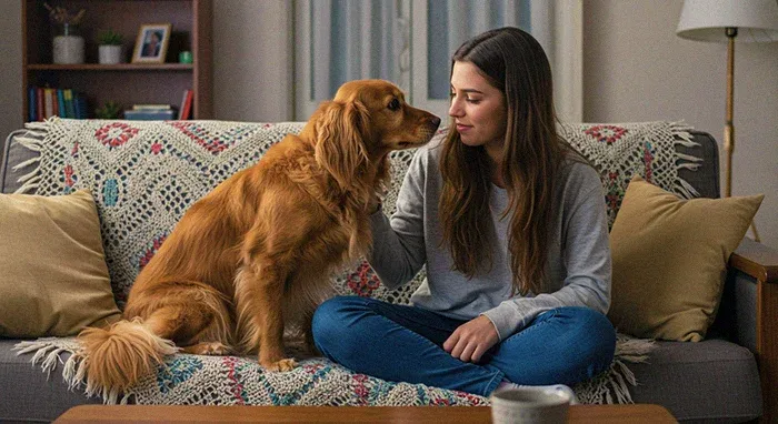 Mulher de cabelos longos interagindo carinhosamente com seu cão de orelhas caídas, ilustrando a teoria da atração pelo familiar