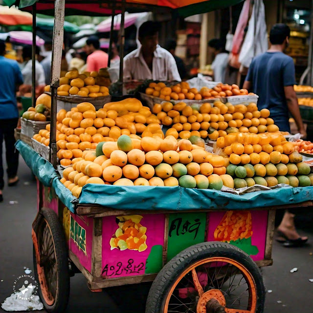 A street vendor's cart loaded with fresh, ripe mangoes, ready for sale.