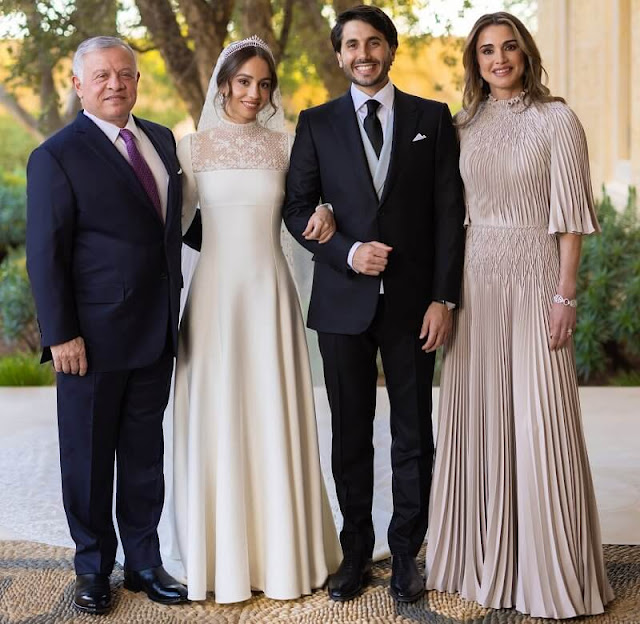 Queen Rania wore a new dress by Christian Dior. Princess Salma wore a crystal belted dress by Andrew Gn