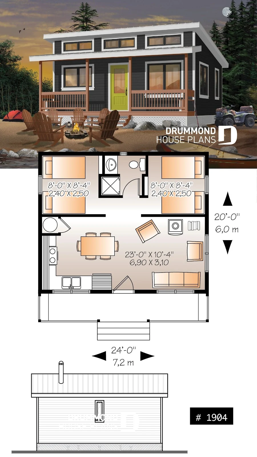 Affordable small 2 bedroom cabin plan, wood stove, open concept
