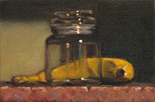 Still life oil painting of a banana beside a small glass jar.