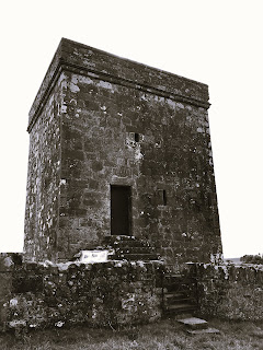 A black and white photograph of an old tower - Repentance Tower.  Photograph by Kevin Nosferatu for the Skulferatu Project.