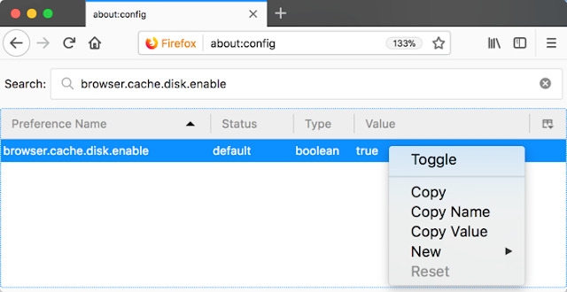 Переключить значение предпочтения кеша браузера в Firefox