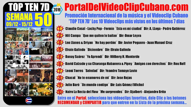 Artistas ganadores del * TOP TEN 7D * con los 10 Videoclips más vistos en la semana 50 (09/12 a 15/12 de 2019) en el Portal Del Vídeo Clip Cubano