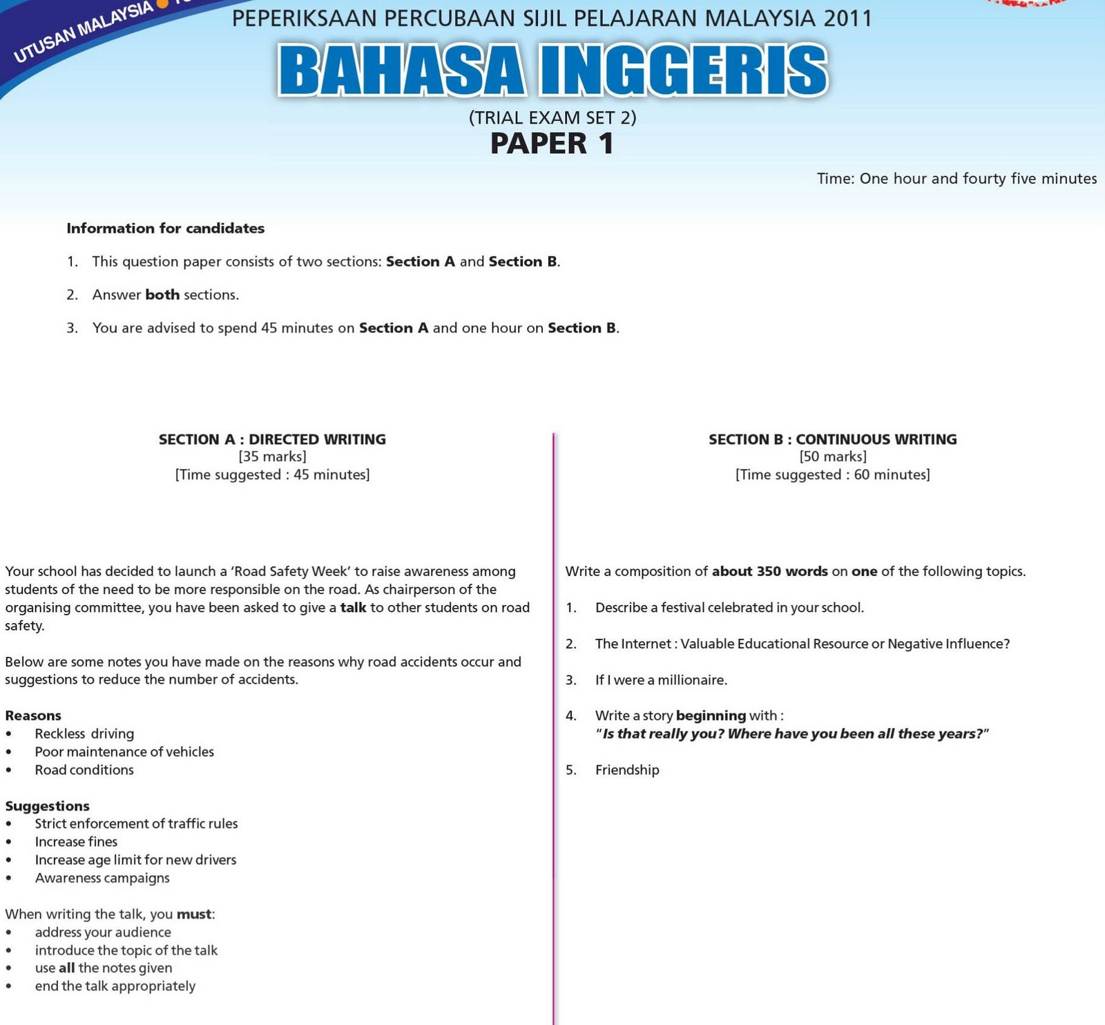 Soalan Percubaan Bahasa Inggeris Spm 2019 Johor - Selangor l