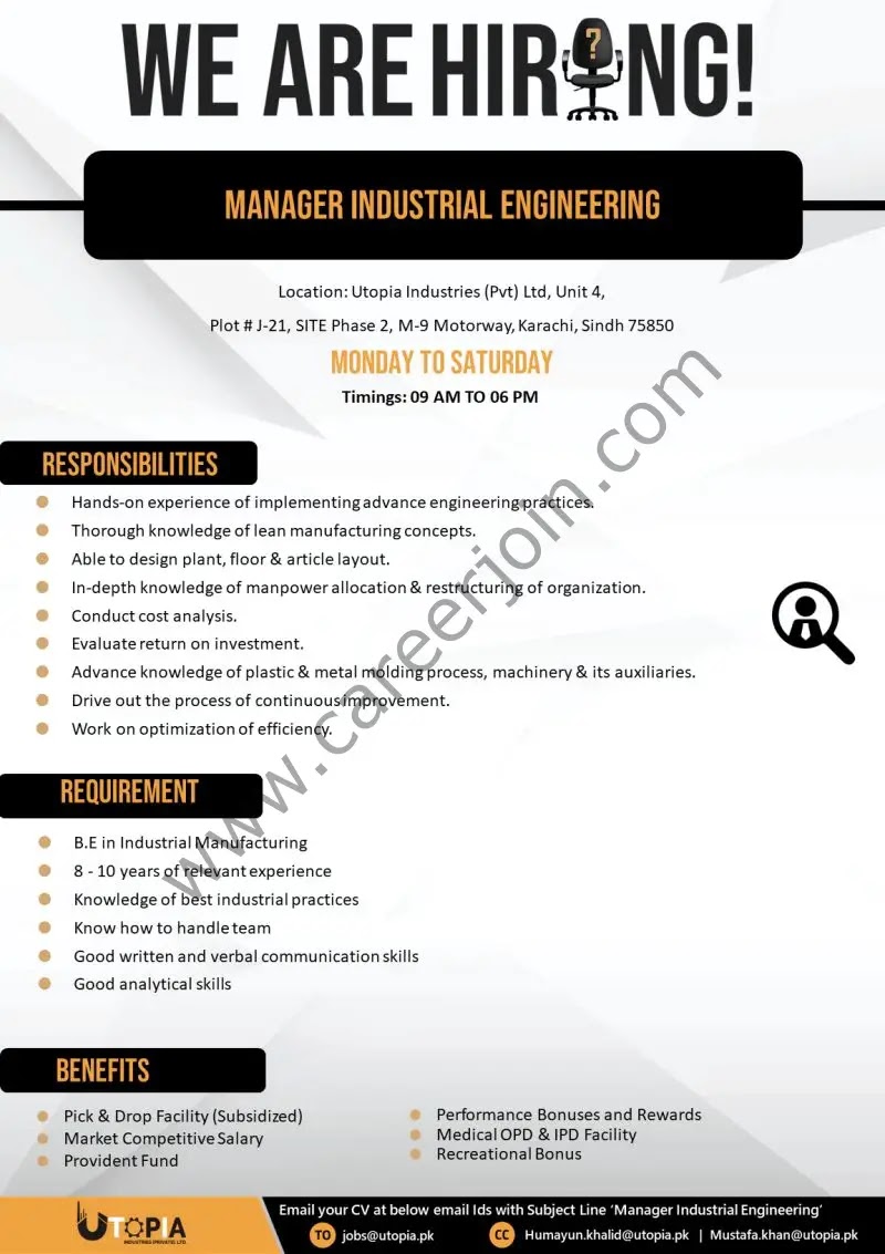 Utopia Industries Pvt Ltd Jobs Manager Industrial Engineering