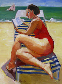Woman at Beach Reading, Figure painting, beach art, original oil 18 x 24 figurative canvas, daily painting artist Marie Fox