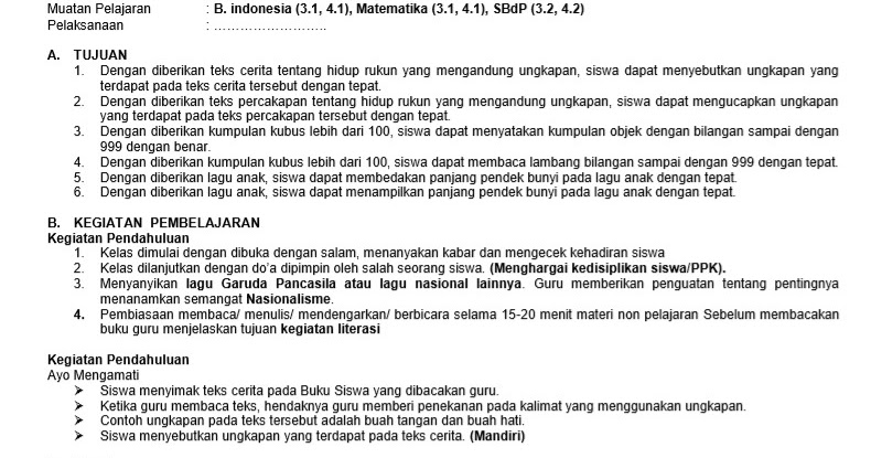 Contoh Penyederhanaan RPP SD Sesuai SE Kemdikbud No. 14 