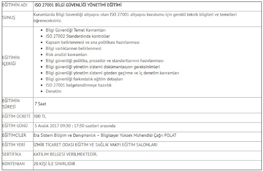 İzmir Ticaret Odası ISO27001 Bilgi Güvenliği Yönetimi Eğitimi