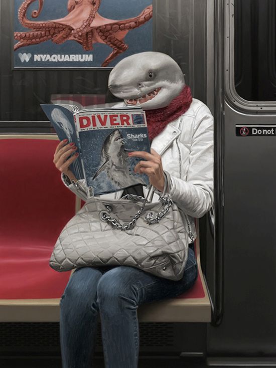 Matthew Grabelsky arte pinturas óleo surreais animais antropomórficos metrô nova york foto realismo