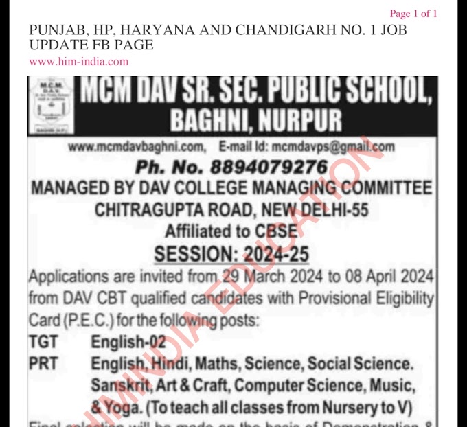 DAV SCHOOL VARIOUS VACANCY OUT 2024