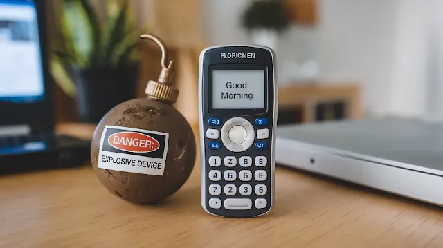 A photo of a pager with the message "Good morning". The pager is placed on a wooden surface. There is a bomb with the warning "Danger: Explosive device" next to the pager.