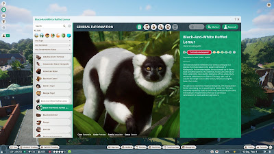 Screenshot of the animalpedia entry on Black and White Ruffed Lemurs from the game Planet Zoo