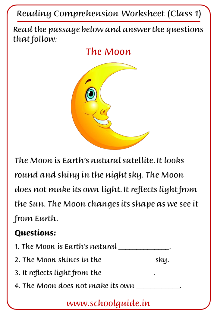 Reading Comprehension Worksheets for Class 1