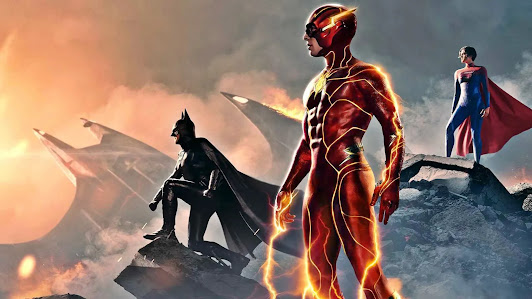 Imagen promocional de la película con Flash, Batman y Supergirl