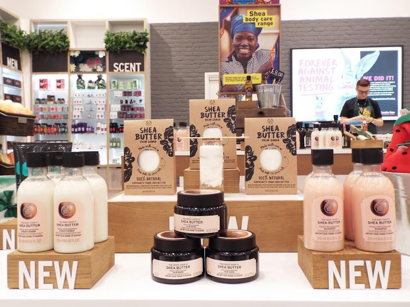 A display of The Body Shop Shea Butter range, front and set at the blogger's event.