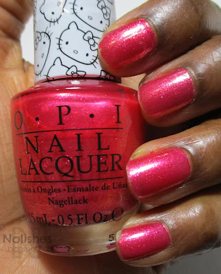 Swatch of OPI 'Say Hello Kitty', shimmery pink nail polish