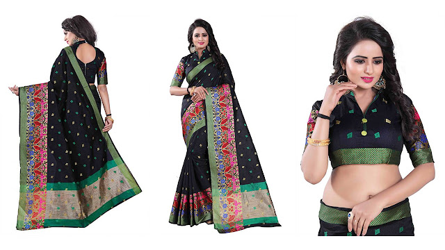 Bombey Velvat Fab Woven Kanjivaram Cotton Silk Saree  (Black)